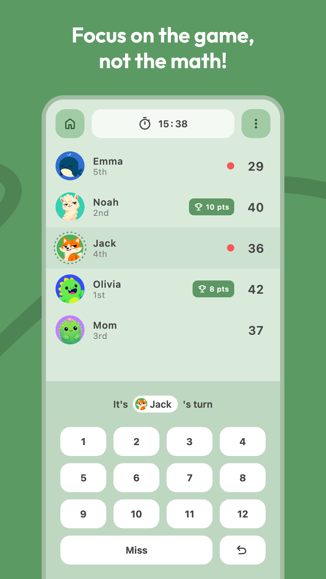 Mölkky Champion score screen with live ranking and number pad