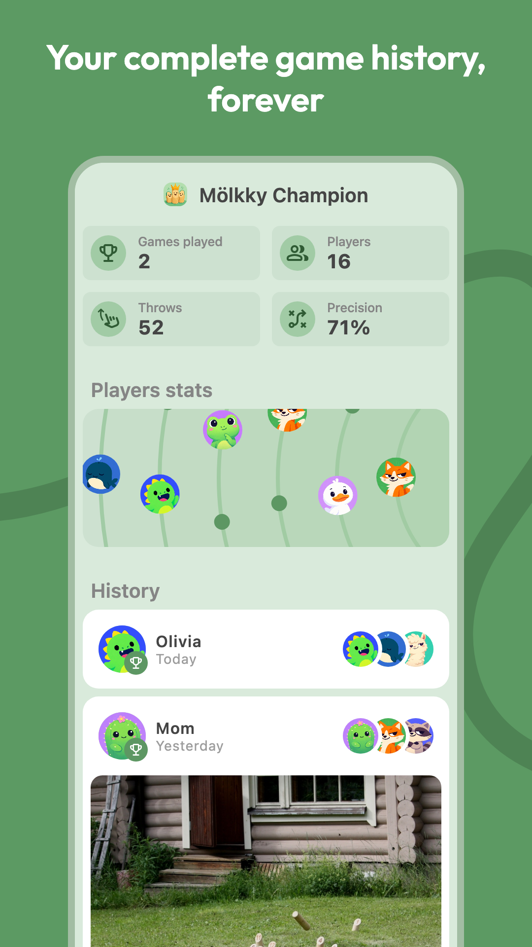 Game history screen with player stats and a game photo