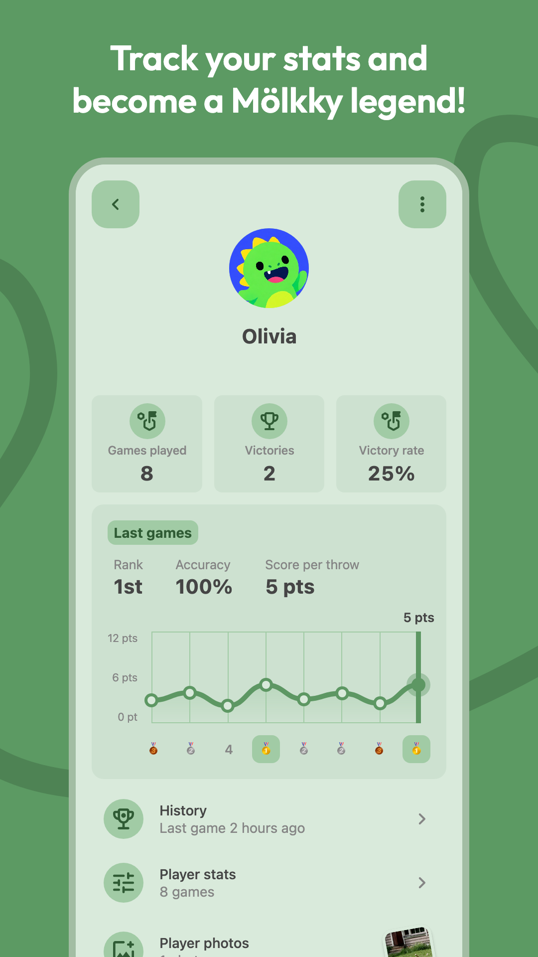 Player statistics screen with victory rate and accuracy chart