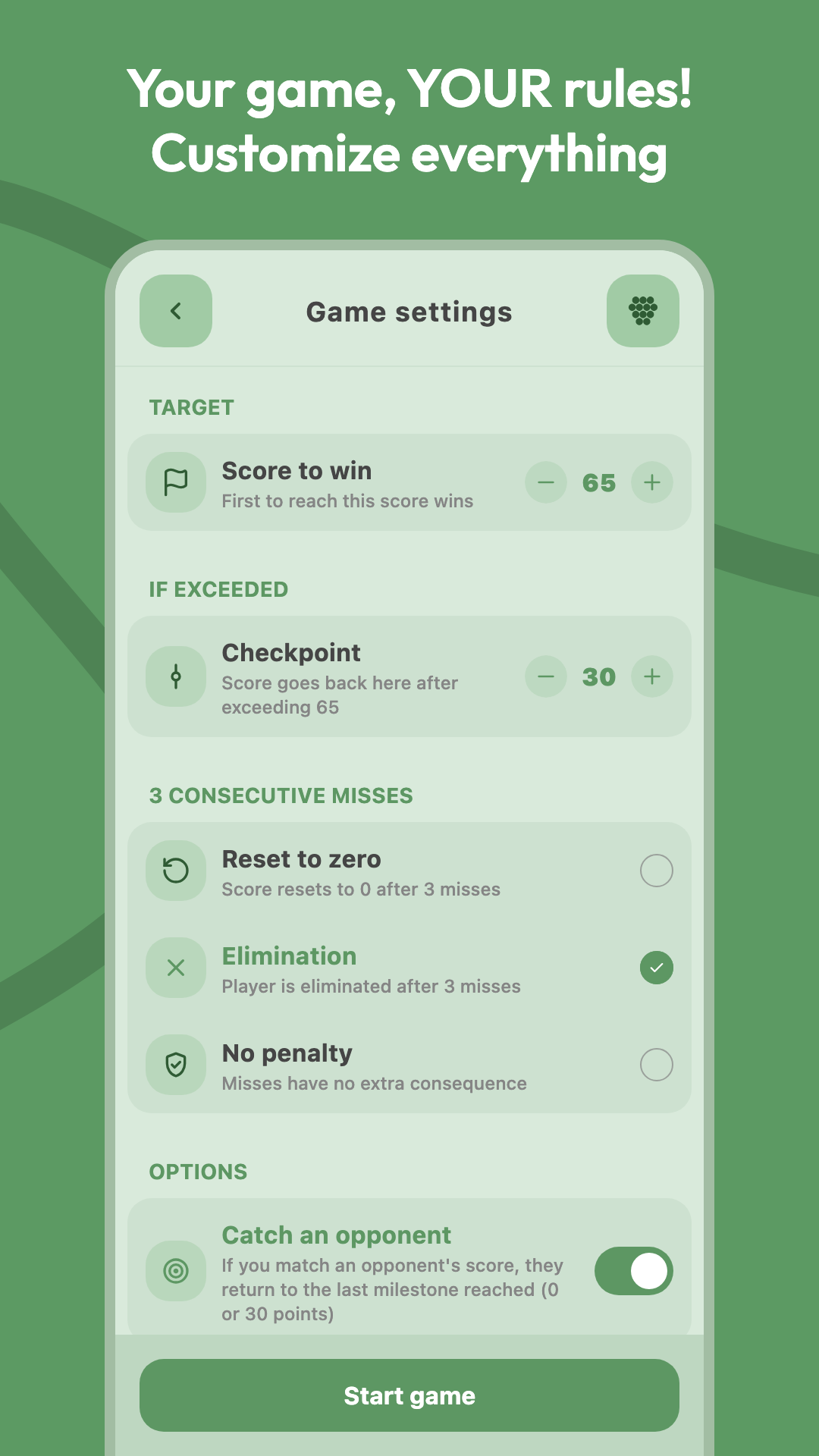 Game rules screen with customizable score and penalty options